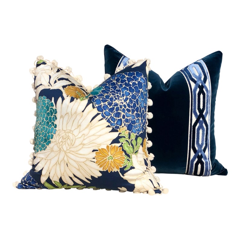 Velvet Pillow in Midnight Blue With Woven Velvet Trim Lumbar Etsy