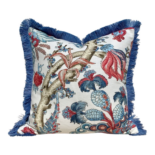Thibaut Chatelain Pillow Cover in Blue Red, Blue Brush Fringe. Designer Pillow Cover, Accent Floral Pillows, High End French Blue Cushion