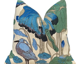 GP & J Baker Nympheus Linen Pillow in Teal.  Designer Accent Floral Pillows, High End Cushion Covers, Decorative Exotic Bird Throw Pillow