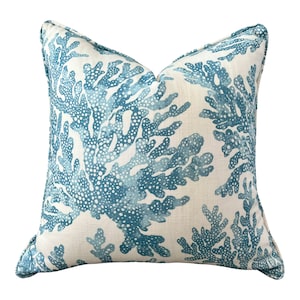 Thibaut Marine Coral Pillow Cover in Aqua Blue. Coastal Accent Cushion Covers, Designer Coral Pillow Covers, Decorative Beach House Pillows
