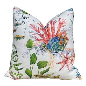 Designer Coralline Outdoor Decorative Pillow in Blue and Coral. Outdoor ...