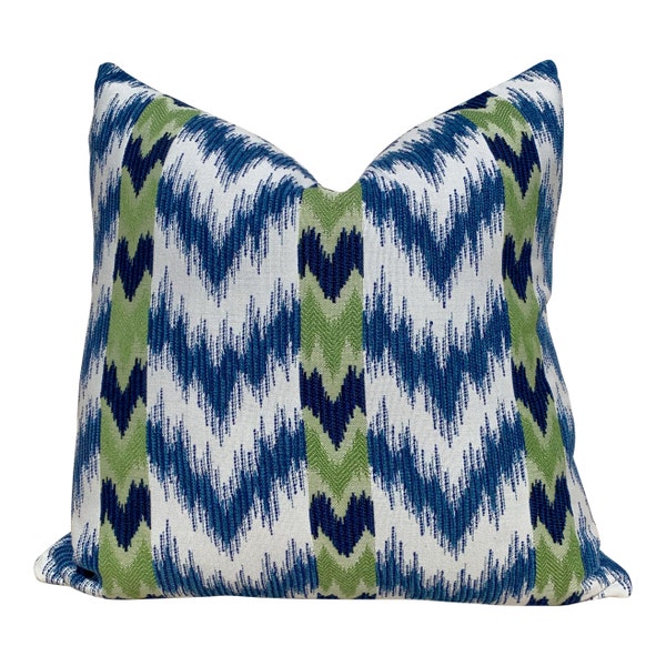 Outdoor Chevron Pillow in Navy. Outdoor Lumbar Pillow in Stripes, decorative outdoor cushion, accent throw pillow cover green blue pillow