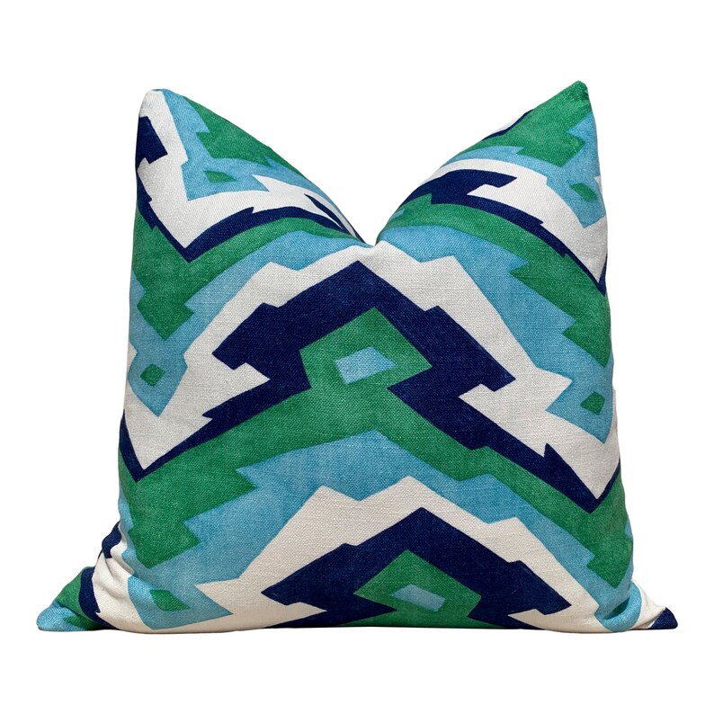 Thibaut Deco Mountain Linen Pillow in Teal Green Navy. Etsy