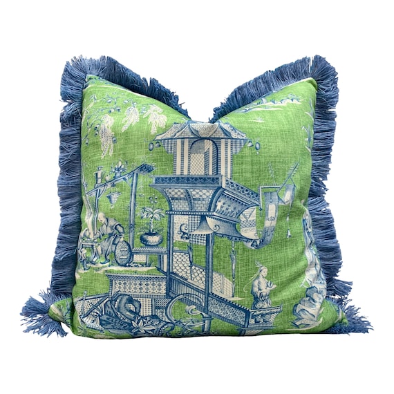 Cheng Toile Pillow in Green and Chinoiserie Pillow Cover
