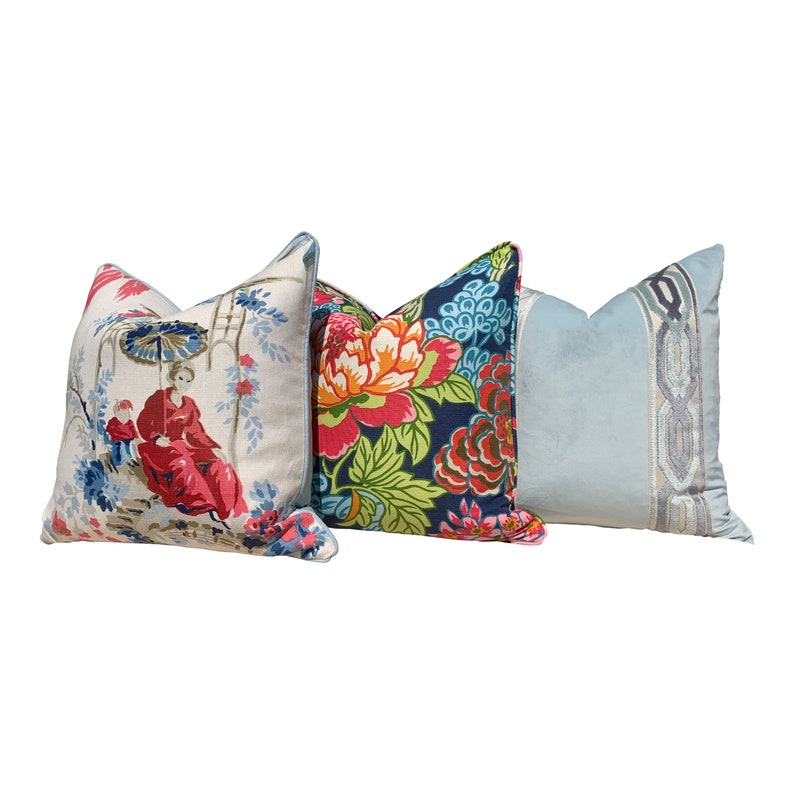 Thibaut Honshu Pillow in Navy Blue and Red. Chinoiserie Floral Etsy