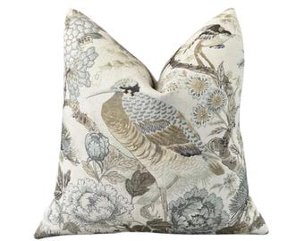 Scalamandre Shenyang Decorative Linen Pillow Parchment. Chinoserie Pillows, Water Bird Bird Cushion,  Euro Sham Cover, Designer Pillow Cover
