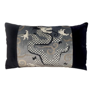 Schumacher Bixi Velvet Pillow Smoke. Velvet Lumbar Pillow // Chinoiserie Pillow // Black Velvet Pillow