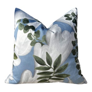 Designer Floral Pillow Sky Blue, Green, White. Decorative High End Pillow Covers, Euro Sham Covers, Accent Lumbar Pillows in Blue and White