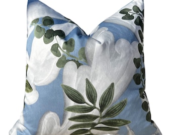 Designer Floral Pillow Sky Blue, Green, White. Decorative High End Pillow Covers, Euro Sham Covers, Accent Lumbar Pillows in Blue and White