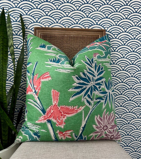 Designer Malai Garden Pillow in Green and Coral. High End Pillows Chinoiserie Pillows Green Lumbar Pillow Covers Bird Print Pillows Etsy Canada