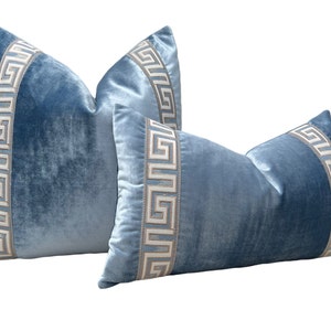 Backordered till May. Designer Velvet Pillow in Luminous Blue with Greek Key Trim. High End Pillows, Velvet Lumbar Pillow Cover,