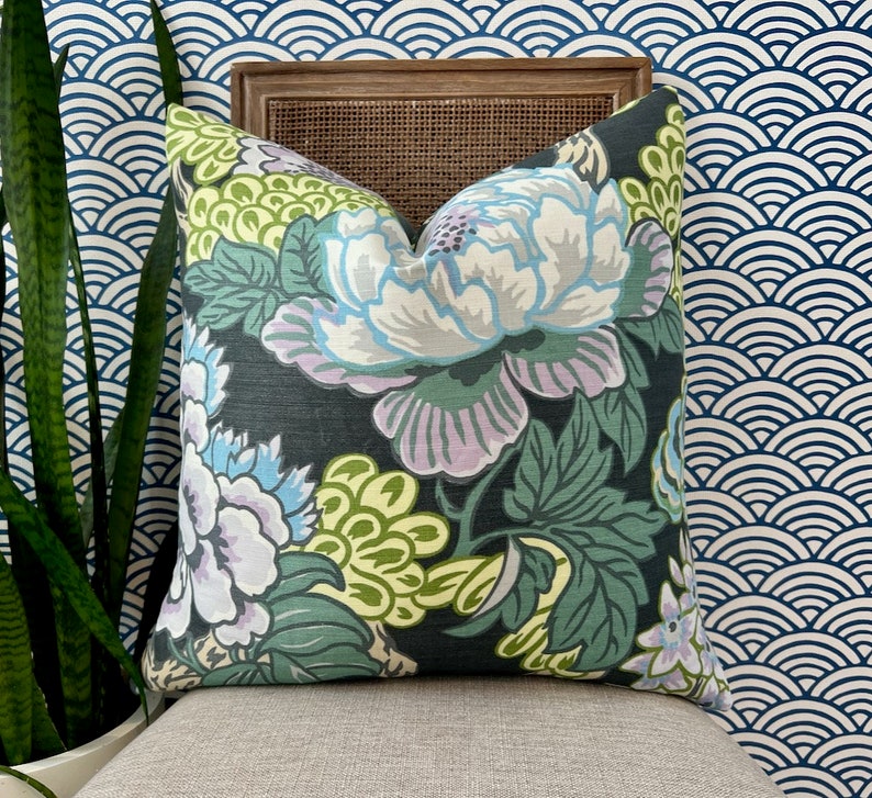 Thibaut Honshu Pillow in Gray and Lilac. Chinoiserie Floral Etsy
