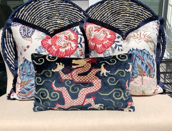 Schumacher Bixi Velvet Lumbar Pillow in Navy Blue. Dragon Velvet