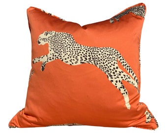 Scalamandre Leaping Cheetah Clementine Pillow. Designer Pillow Covers, Accent Orange Cushion Cover, Animal Print Decorative Pillows