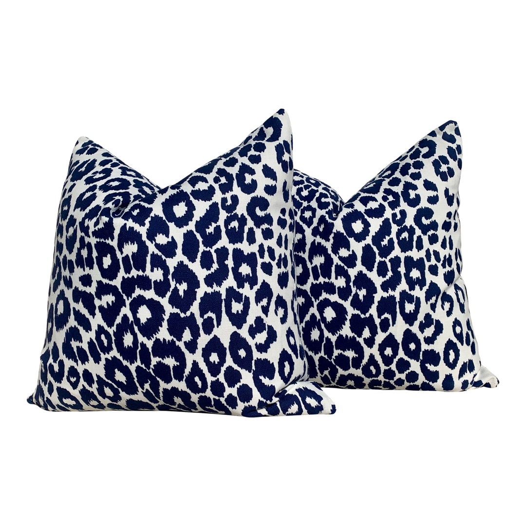 Schumacher Outdoor Iconic Leopard Pillow Navy Blue. Decorative Outdoor