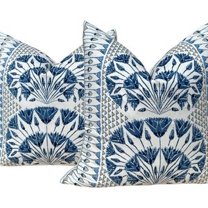 Thibaut Cairo Pillow - Blue, White. Designer Medalion Pillow Cover, Decorative Floral Cushion, Euro Sham Case 26"X26"