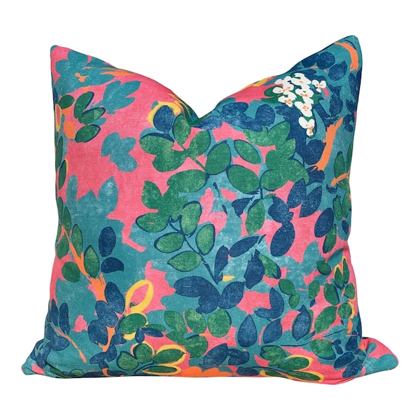 Thibaut Central Park Pillow Teal Pink Yellow Blue. Decorative Designer Pillow Covers, Accent Cotton Cushions, High End Floral Euro Sham