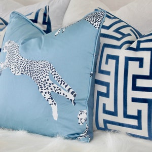 Scalamandre Leaping Cheetah Pillow in Blue. Decorative Animal Print Cushion Covers, High End Pillows, Designer Accent Blue Pillow Covers