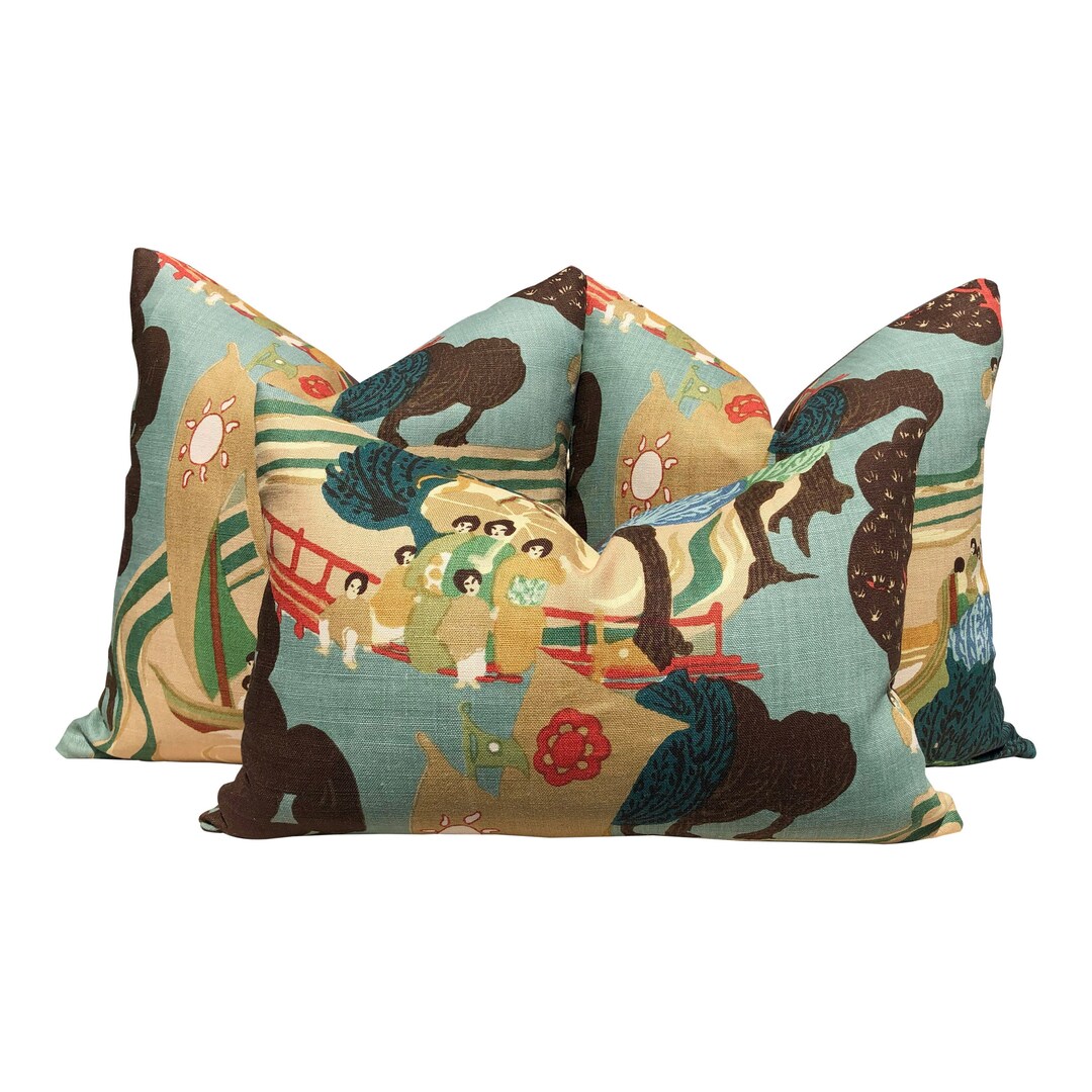 Schumacher Pearl River Linen Pillow in Jade. Designer Tan Aqua Pillow ...