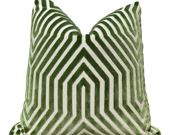 Schumacher Vanderbilt Velvet Pillow in Green Lettuce, Designer Cushion Cover, Contemporary High-End Pillows, Decorative Geometric Pillow