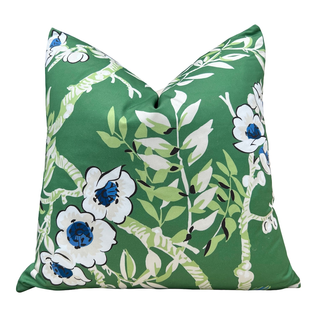 Designer Floral Decorative Pillow in Green and Blue. Thibaut Yukio High End Accent Pillow Green