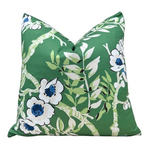 Thibaut Yukio High End Accent Pillow Green, Designer Floral Decorative Pillow in Green and Blue,  Decorative Cushion Covers, Euro Sham 26x26