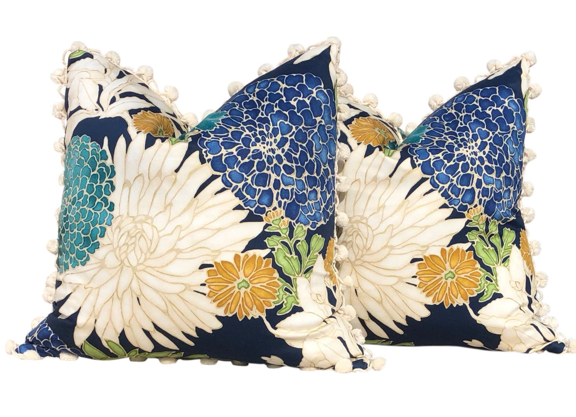 Asian Floral Cotton Pillow Cover in Peacock with Cream Etsy
