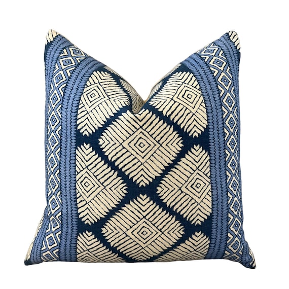 Thibaut Austin Striped Pillow in Blue. High End Geometric Pillow Cover, Euro Sham Covers in Blue, Designer Accent Navy Blue Pillow Cover