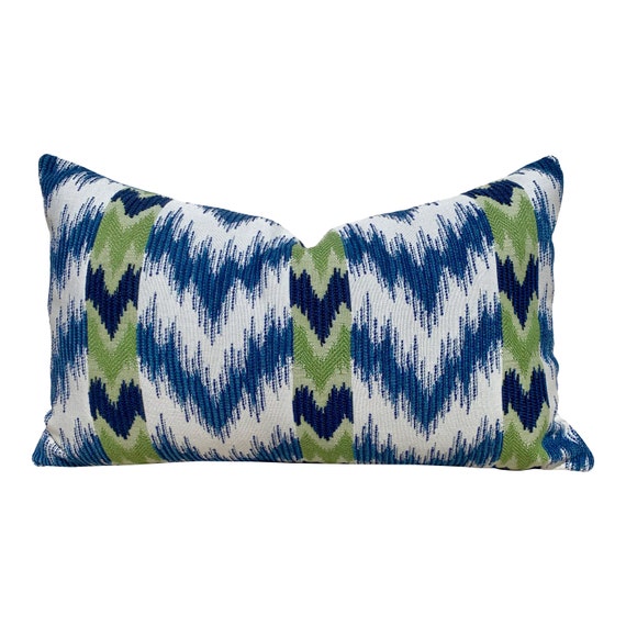 Outdoor Chevron Pillow in Navy. Outdoor Lumbar Pillow in Stripes
