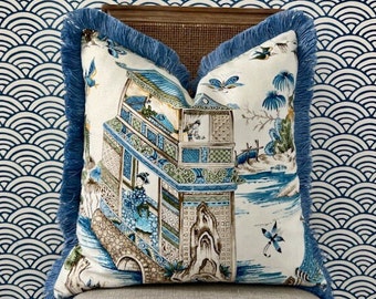 Grand Palace Chinoiserie Pillow in Green and Blue. Pagoda Pillow Cover, Designer Lumbar Pillows, High End Pillows, Euro Sham Pillow Cover