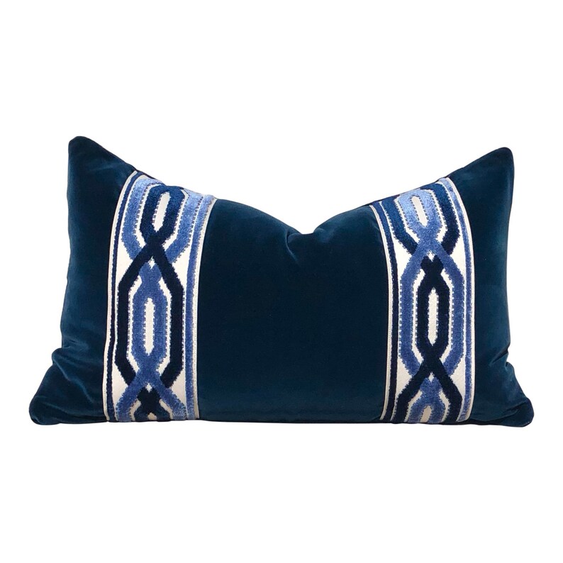 Velvet Pillow in Midnight Blue With Woven Velvet Trim Lumbar Etsy