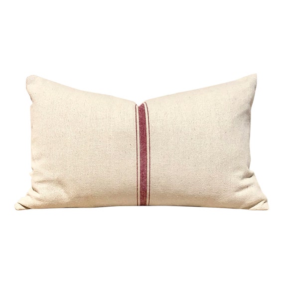 Red Striped Linen Pillow Cover. French French Beige Linen Pillow Cover in Red