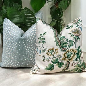 May include: Two decorative throw pillows, one with a blue and white geometric pattern and the other with a white background and a green floral design.