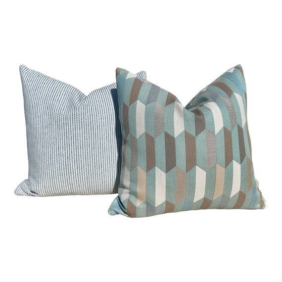 Sunbrella Geometric Outdoor Pillow in Aqua Green. Outdoor Lumbar