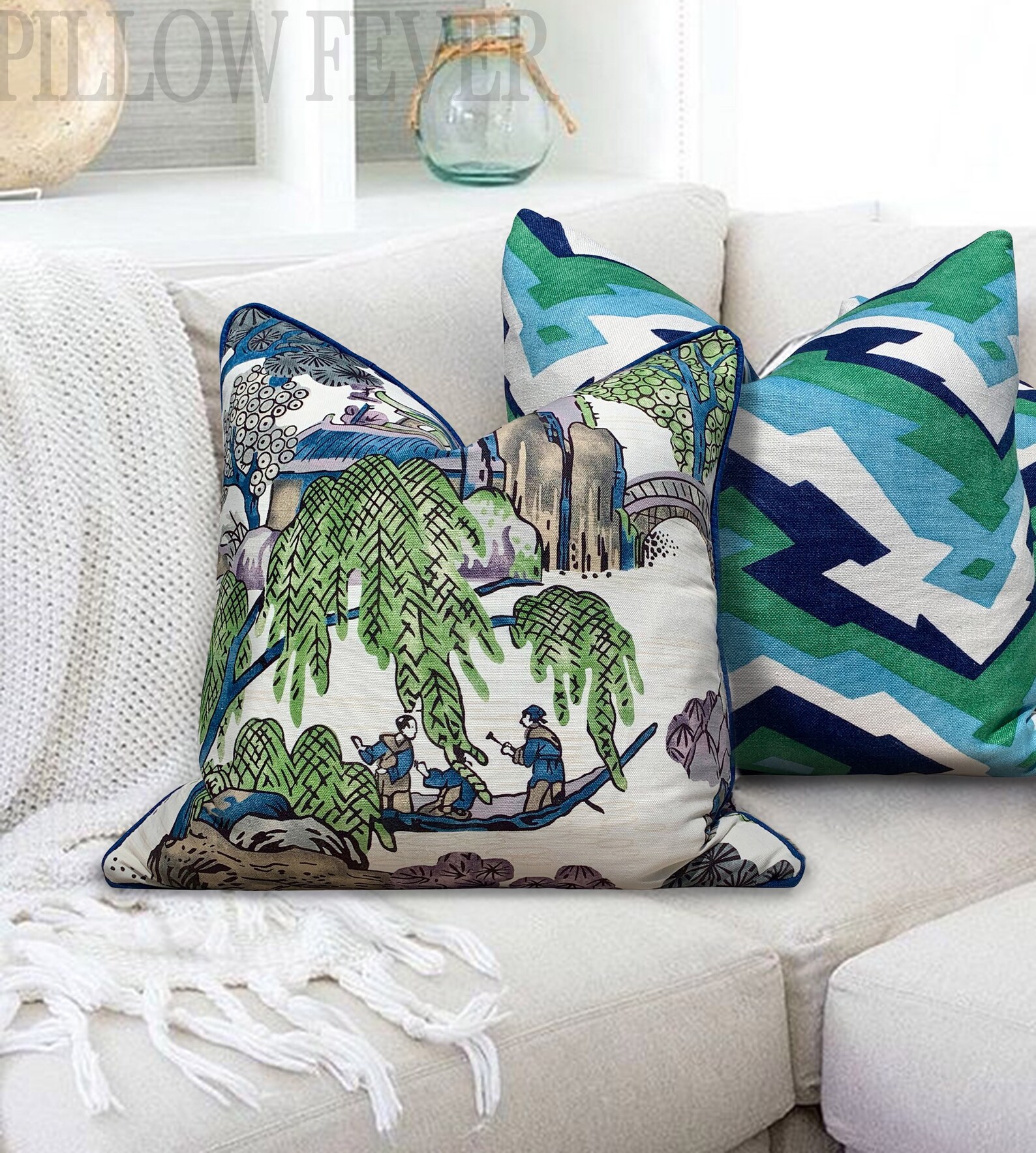 Thibaut asian Scenic Pillow Green Purple. Accent Etsy