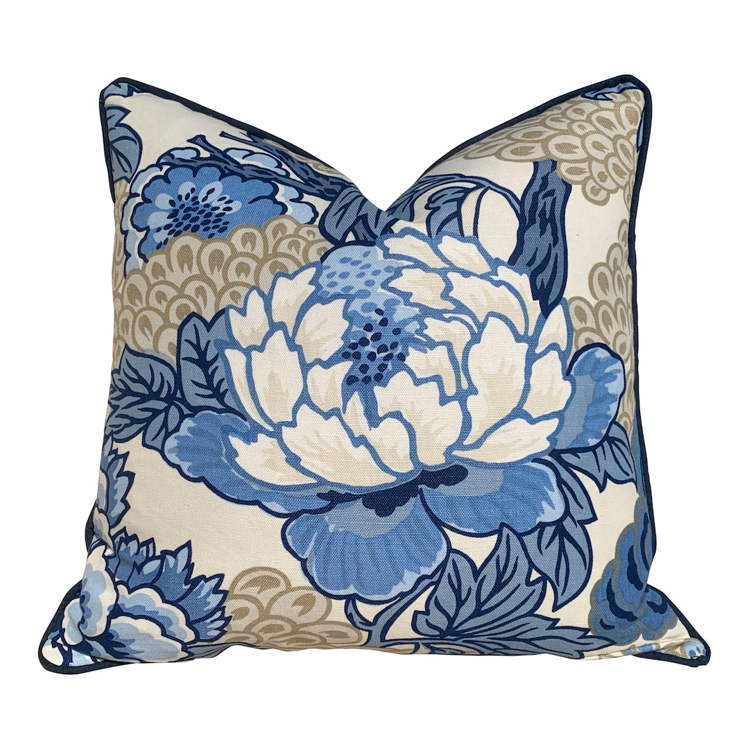 Thibaut Honshu Pillow Blue, White, Beige. Chinoiserie Pillow. Lumbar