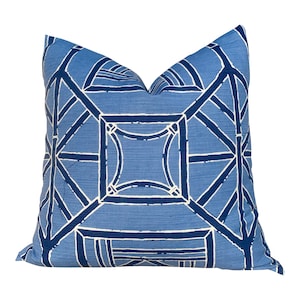 Thibaut Shoji Panel Pillow in BLue. Lumbar Bamboo Cushion in Navy. Accent Chinoiserie Pillow. Designer pillows, accent cushion cover