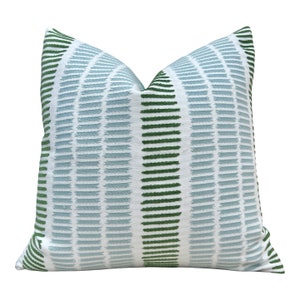 Outdoor/ Indoor Top Sail Striped Pillow Aqua and Green. Designer Woven Decorative Sunbrella Outdoor Pillow Covers, High End Cushion Covers