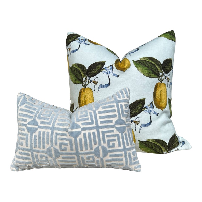 May include: Two decorative throw pillows. One pillow features a light blue background with a repeating pattern of yellow lemons, green leaves, and blue ribbons. The other pillow has a light blue geometric design.