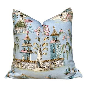Thibaut Grand Palace Chinoiserie Pillow in Sky Blue. Pagoda Pillow Cover, Designer Lumbar Pillows, High End Pillows, Euro Sham Pillow Cover
