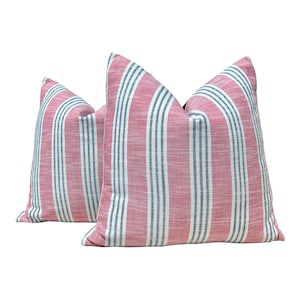 Thibaut Outdoor Woven Southport Stripe Pillow Peony and Navy. Outdoor Striped Pillow Cover Pink,Navy, Coastal Accent Outdoor Cushion Cover