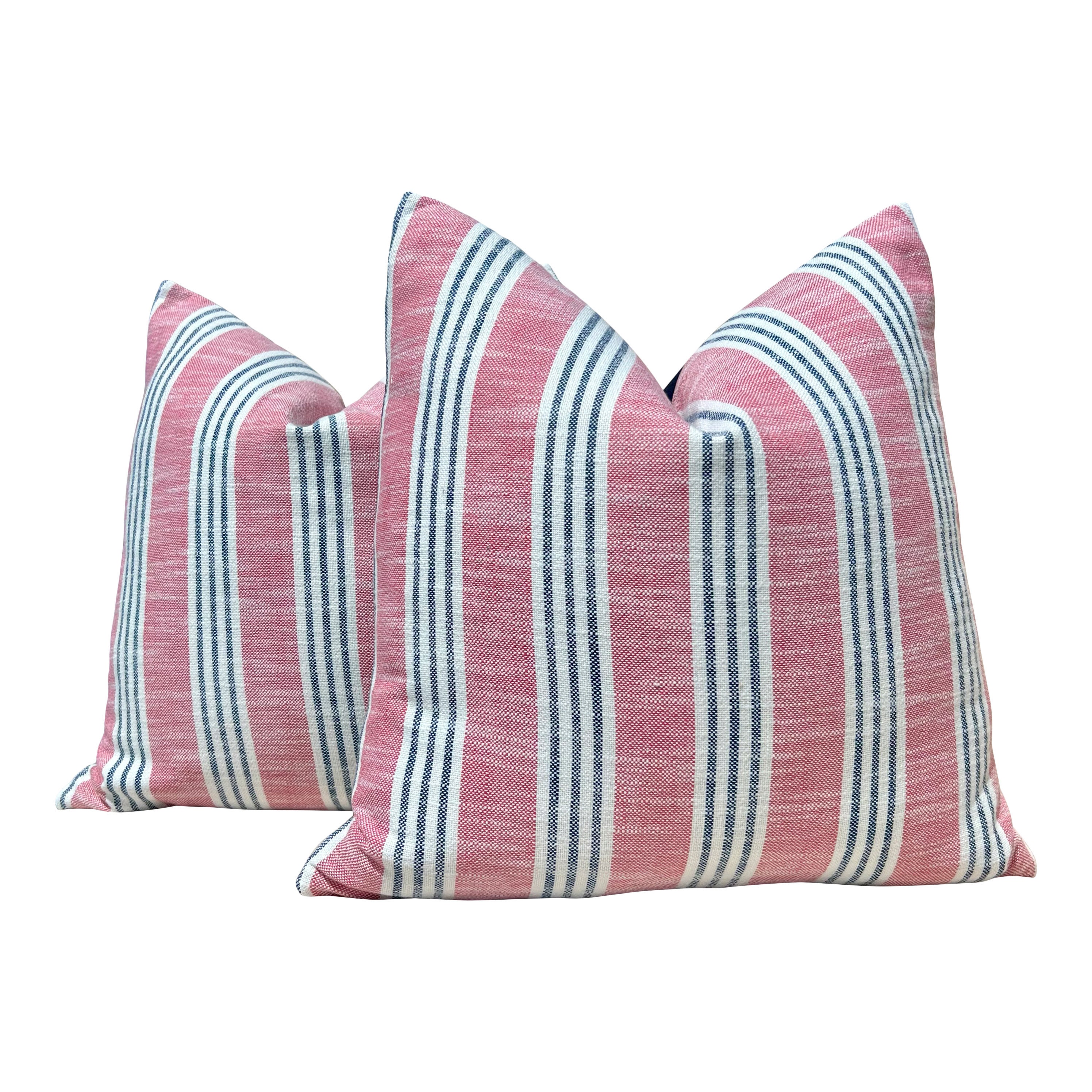 Thibaut Outdoor Woven Southport Stripe Pillow Peony and Navy. Outdoor Striped Pillow Cover Pink,Navy, Coastal Accent Outdoor Cushion Cover