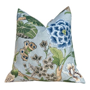 Hill Garden Linen Pillow in Spa Blue. Designer Cushion Covers, High End Pillows, Aqua Blue Floral Pillows, Linen Pillow Cover in Blue Green