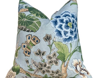 Hill Garden Aqua Blue Linen Pillow, Designer Decorative Cushion, Elegant Sofa Pillow, Luxury Floral Pillow Cover, Coastal Style Throw Pillow