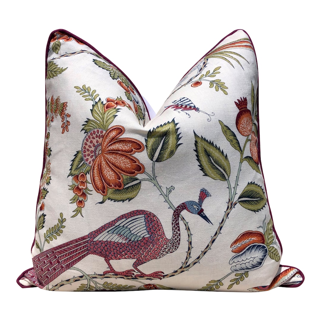 Schumacher Campagne Pillow - Purple, Green. Designer Peacock Cushion ...