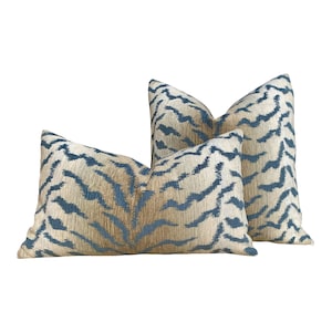 Tiger Stripes Woven Pillow in Blue. Animal Stripes Pillows, Aqua Blue Designer pillow, Accent Cushion Covers, Decorative Blue Pillow Covers