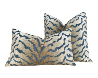 Tiger Stripes Woven Pillow in Blue. Animal Stripes Pillows, Aqua Blue Designer pillow, Accent Cushion Covers, Decorative Blue Pillow Covers