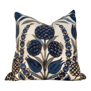 May include: A decorative throw pillow with a floral pattern in shades of blue and brown on a white background.