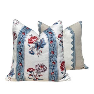 Schumacher Ariana Floral Stripe Linen Pillow in Red and Blue, French Floral Cushion in Blue Red, Designer Linen Cushion, Euro Sham Pillow