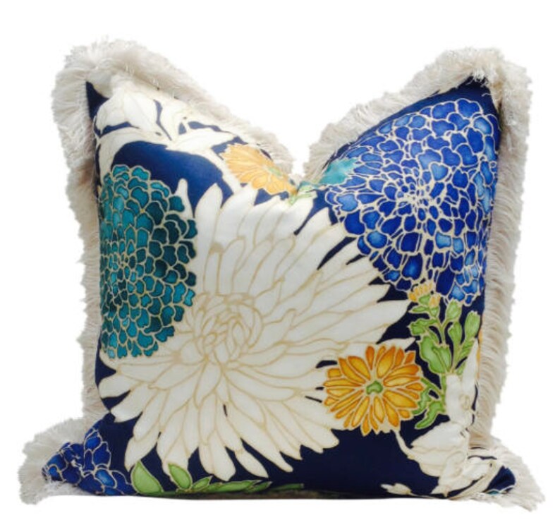 Asian Flower Print Pillow Cover Peacock Brush Fringe. Etsy